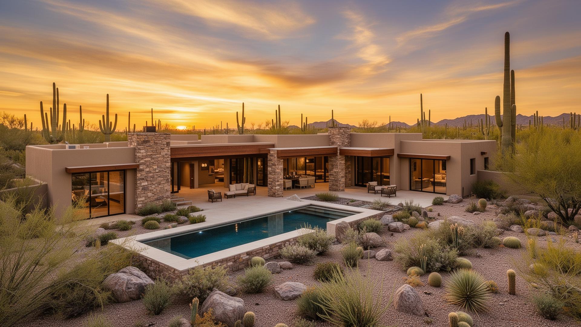 Luxury Arizona home exterior with desert landscape